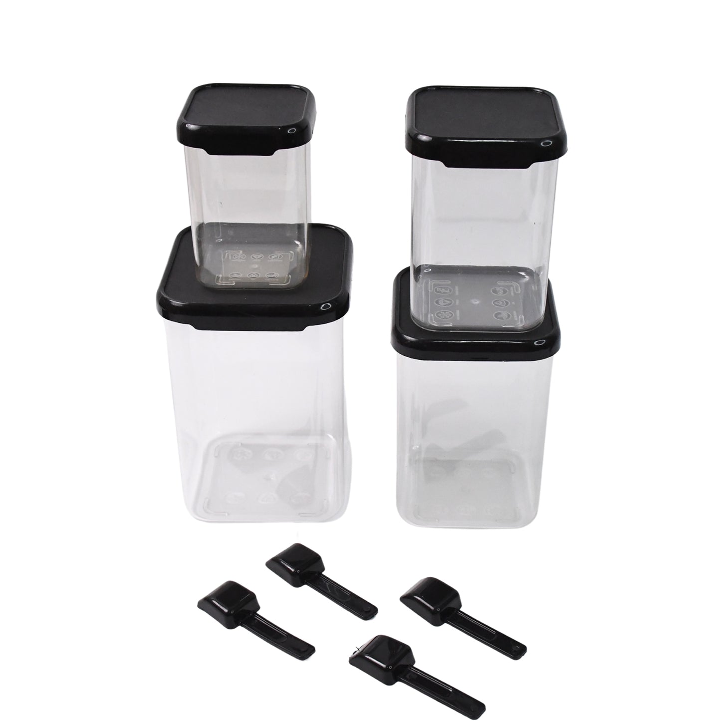 Wukusy 4-piece plastic airtight storage containers with matching spoons, ideal for kitchen organization and food preservation.