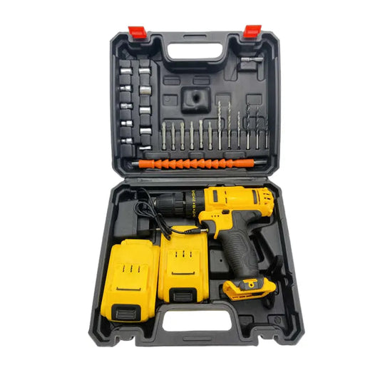 Wukusy 21V Lithium cordless drill set with double batteries and 29-piece screwdriver kit, showing drill, batteries, and accessories.
