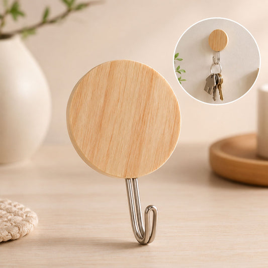 Set of 18 Wukusy self-adhesive wall hooks with a wooden look, strong sticky hangers, no drill needed, suitable for various surfaces.
