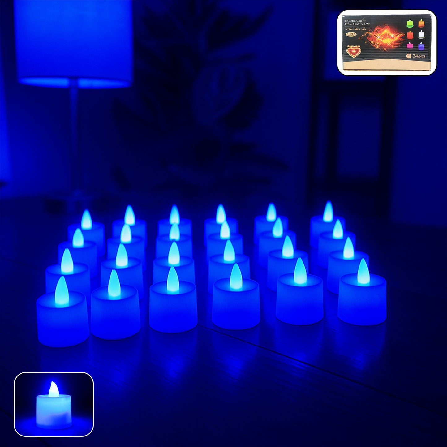 Set of 24 blue LED tea light candles by Wukusy, showcasing realistic flickering light and compact size for decorative use.