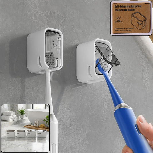 Wukusy self-adhesive dustproof toothbrush holder mounted on bathroom wall, space-saving wall mount for toothbrush organization