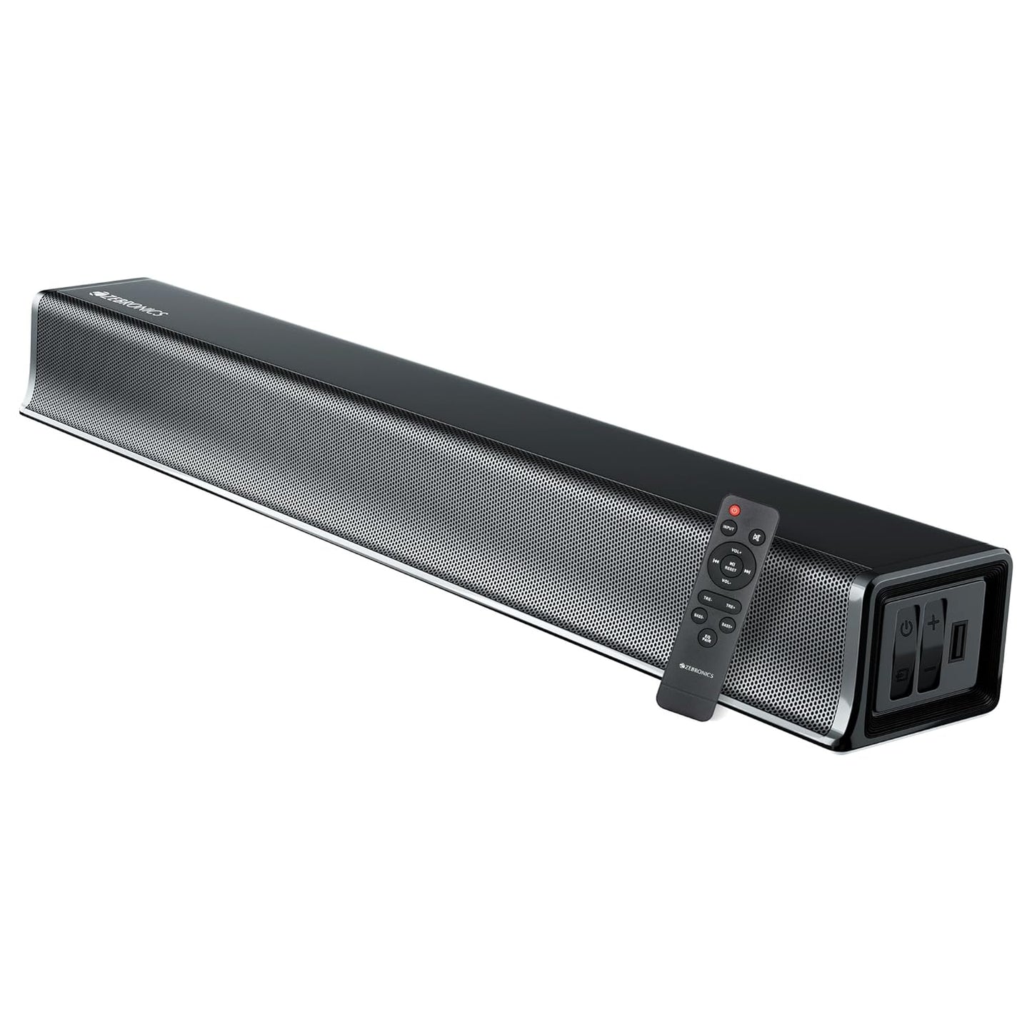 Seasons Zebronics Juke Bar 2510 sleek black 2.0 channel soundbar with HDMI ARC, USB, AUX inputs and LED indicator.