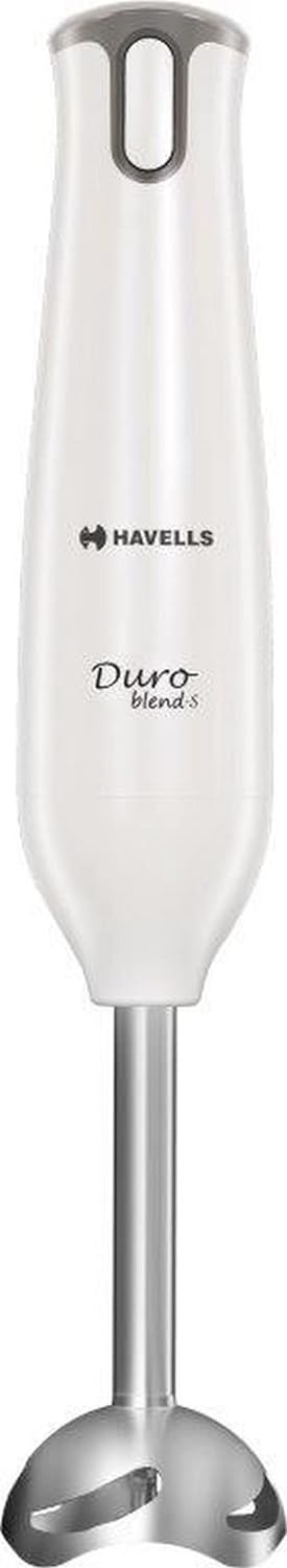 Seasons Havells Duro Blend S 300W white hand blender with ergonomic handle and blending attachment on a kitchen countertop.