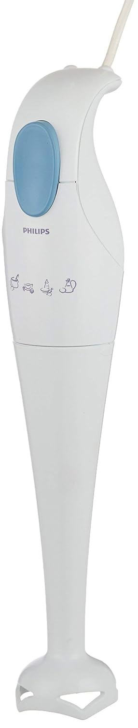 Philips HR1350/90 250W hand blender in white and blue with a detachable blending arm and control buttons, on a kitchen countertop.