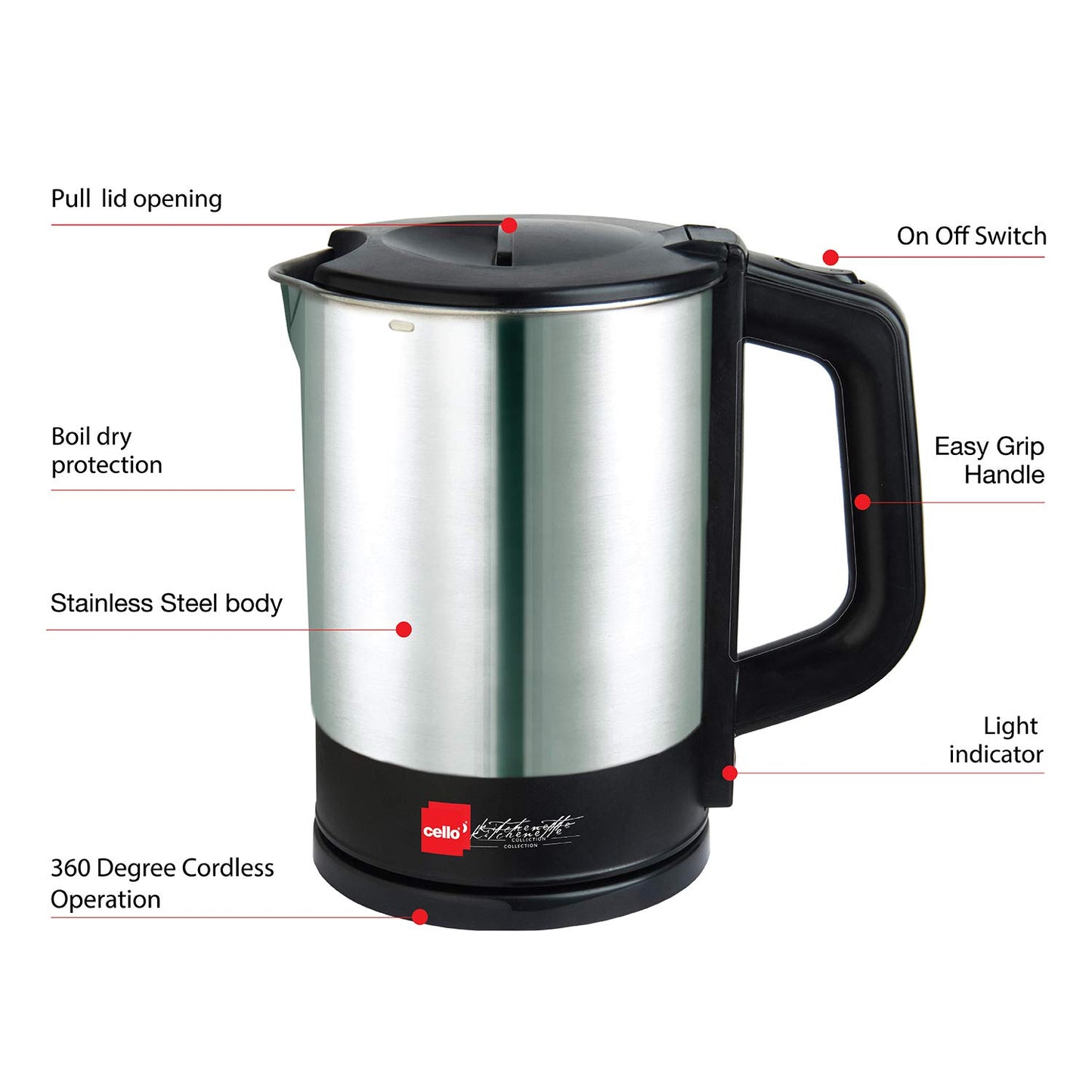 Seasons Cello Quick Boil 900 electric kettle, 1L, silver and black, with a sleek modern design for rapid boiling.