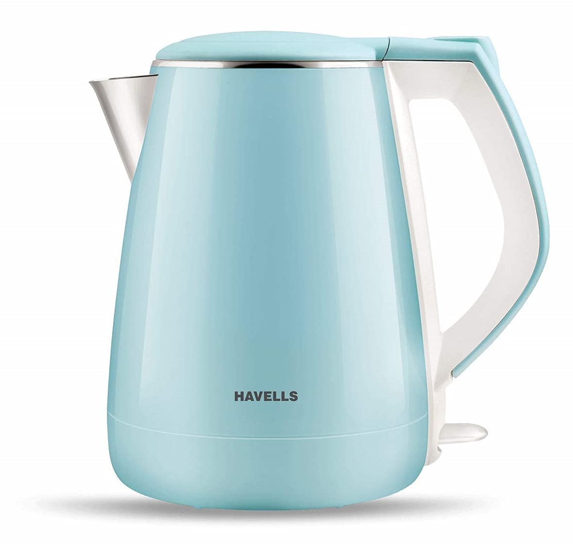 Seasons Havells Aqua Plus 1.2L electric kettle with blue, white, and silver finish, 1500W power, on a kitchen countertop.