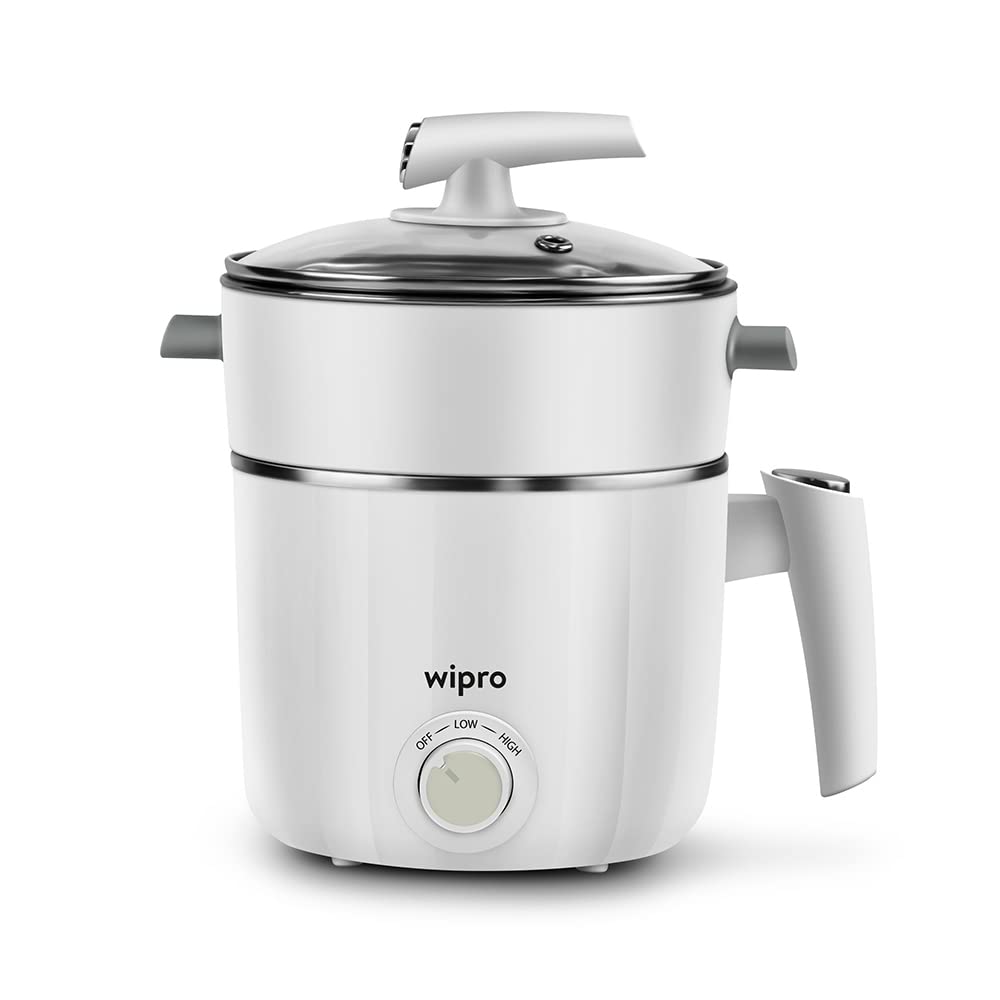 Seasons Wipro Vesta multicooker electric kettle with white finish, dual temperature control, 1.2L capacity, and safety features.