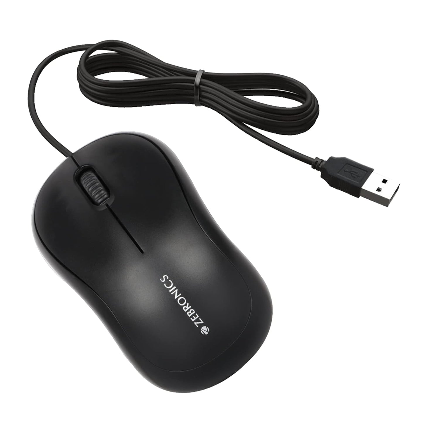 Black Zebronics Comfort wired optical USB 2.0 mouse by Seasons, featuring ergonomic design and standard click buttons.