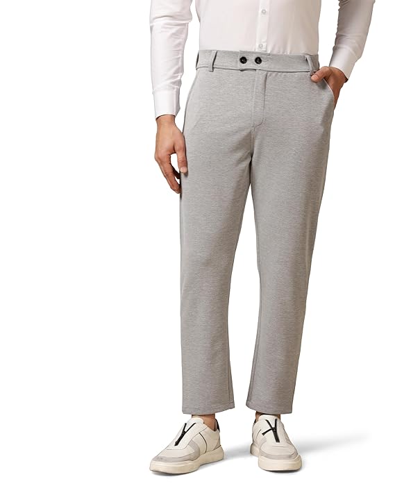 Men's casual grey cotton pants by Seasons, regular fit with a relaxed style, shown flat with pockets and waistband visible.