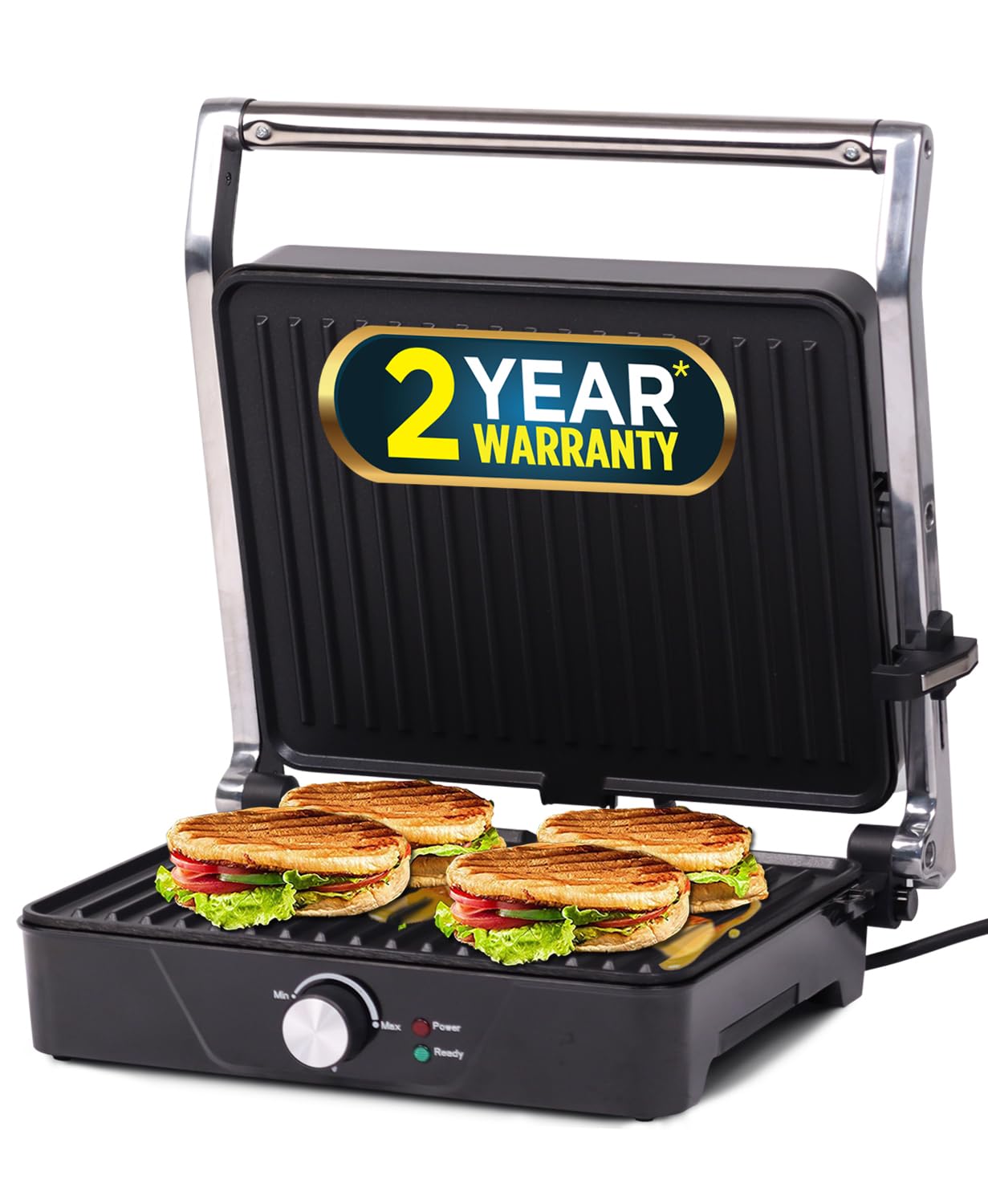 Seasons iBELL SM 201G silver sandwich maker and panini grill with 2000W power, big size fits 4 slices of bread.