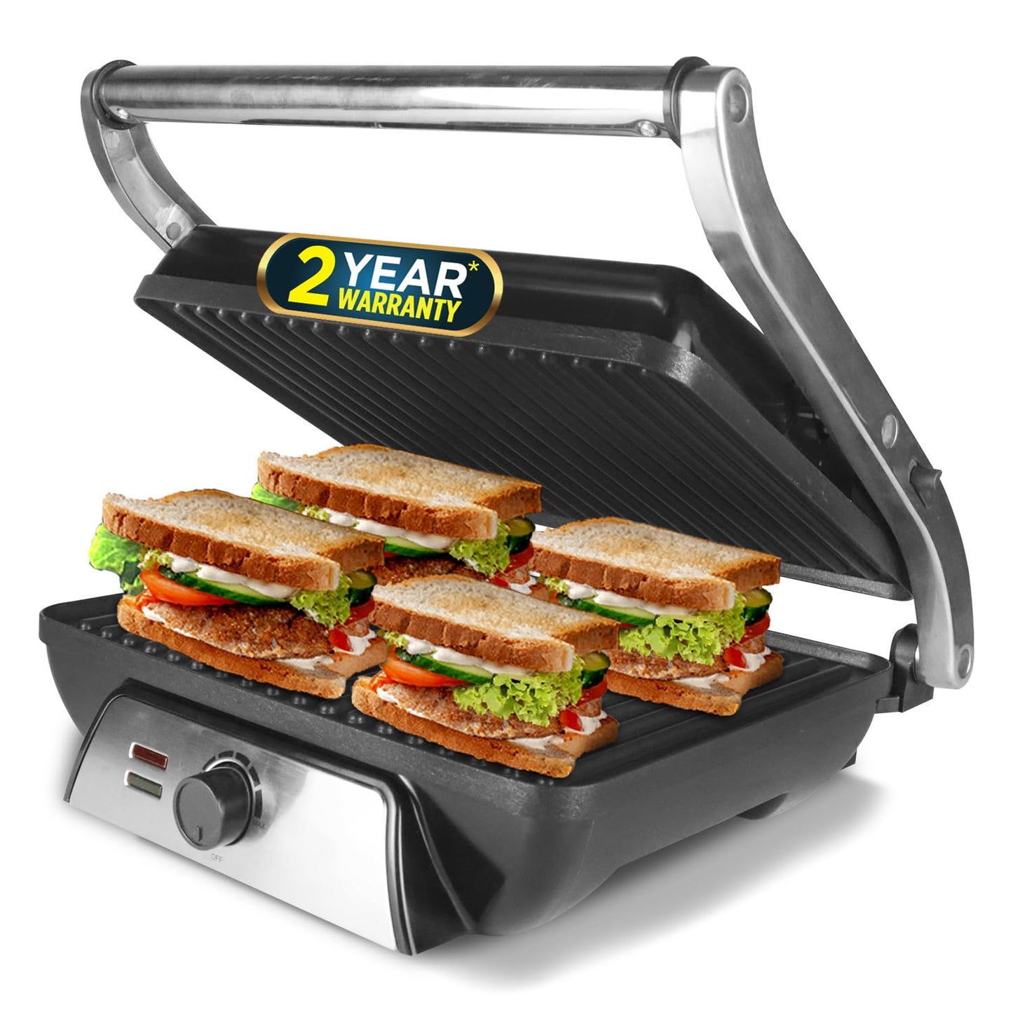Seasons iBELL SM1201G electric sandwich maker with floating hinges, silver and black, large 4-bread size for grilling and toasting.