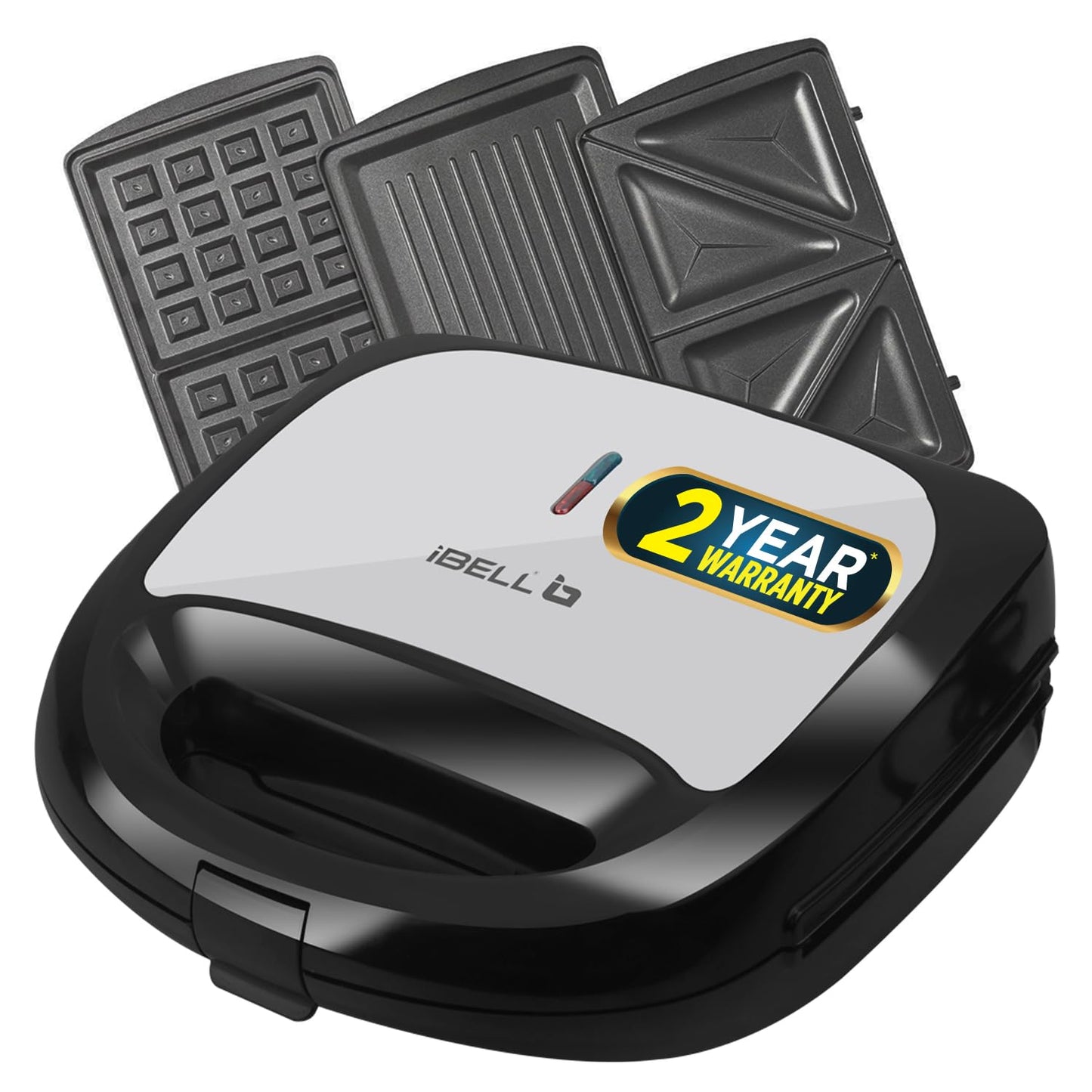 Seasons iBELL SM1301 3-in-1 sandwich maker with black finish, detachable plates for toast, waffles, and grilling, 750W power.