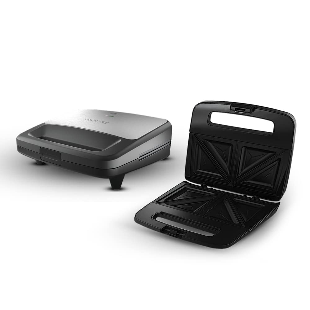 Black Philips HD2288/00 sandwich maker by Seasons, showing its compact design and non-stick cooking plates for quick toasting.