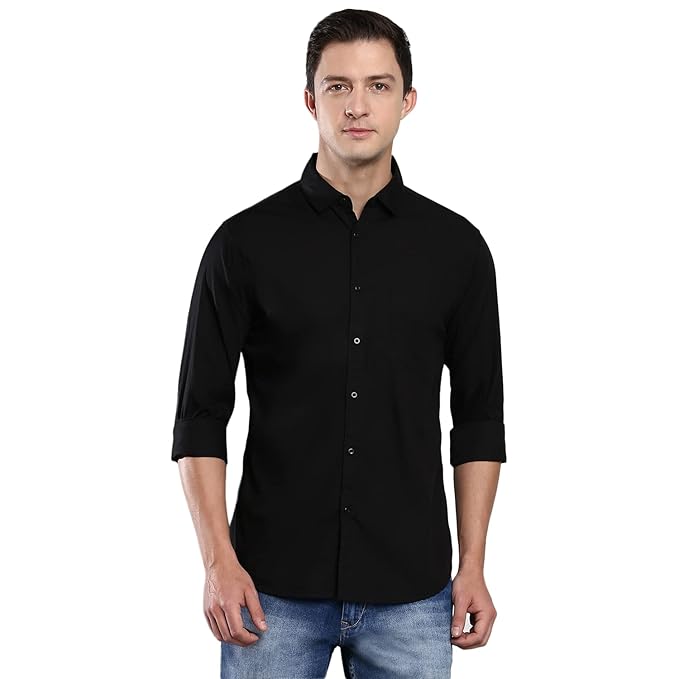Men's black cotton casual shirt by Seasons, solid black shirt with a classic collar, long sleeves, and button front.
