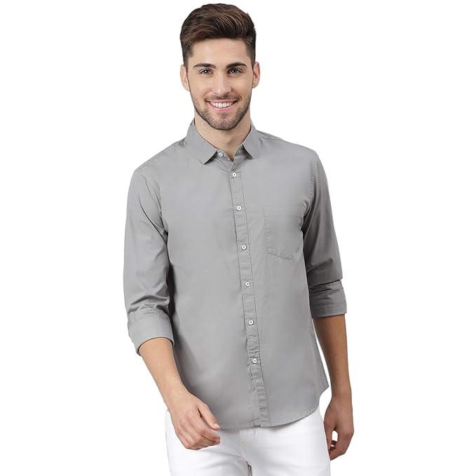 Men's solid slate grey cotton casual shirt by Seasons, displayed flat showing front view with collar and button details.