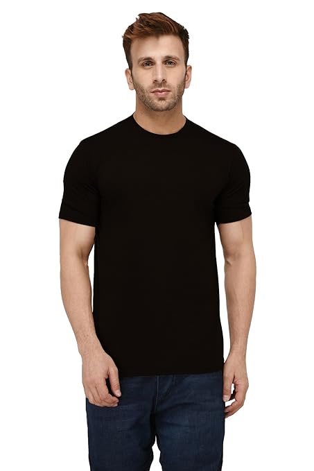 Men's plain black cotton T-shirt by Seasons, front view showing simple crew neck design and smooth fabric.