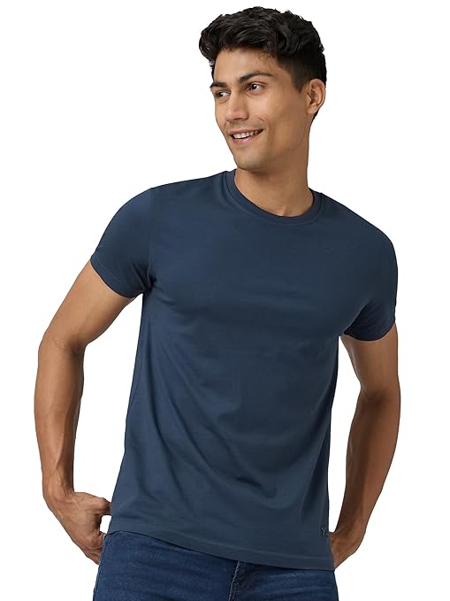 Men's blue regular fit T-shirt by Seasons, soft blended fabric, casual style, shown on a model.