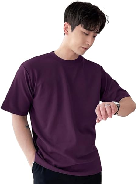 Men's dark purple round neck T-shirt from Seasons, made of blended fabric, shown on a plain background.