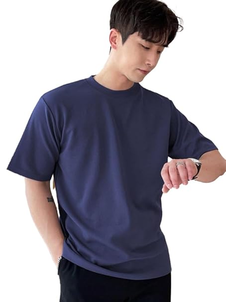 Men's navy blue round neck T-shirt by Seasons, made of blended fabric, shown flat with a close-up of the neckline.