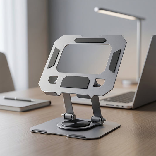 Wukusy foldable metal phone and tablet stand holder set with adjustable angles and compact design for hands-free viewing.