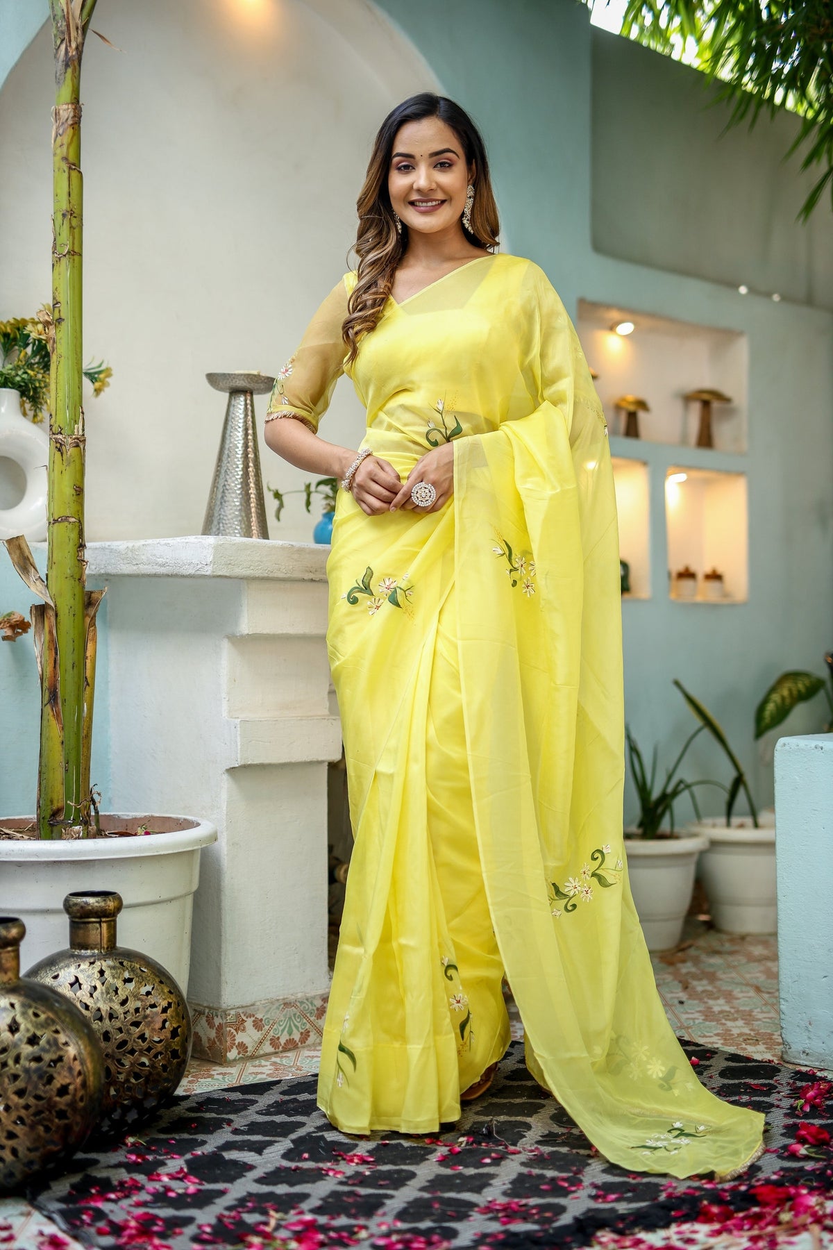 Elegant sunflower saree from Drpshippr's Women's Collection featuring vibrant sunflower patterns and traditional drape.