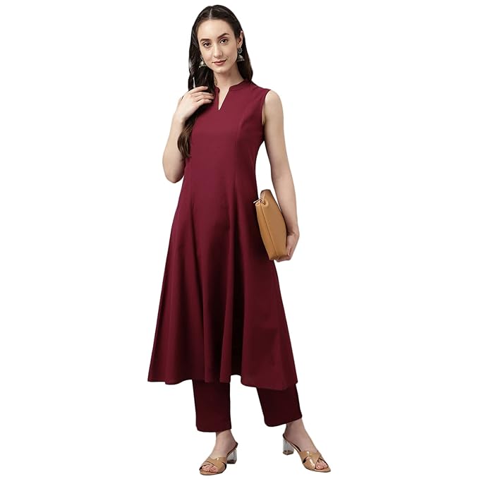 Maroon rayon A-line kurta with matching pants, stylish women's suit set by FIZZI SHOP, featuring a comfortable and elegant design.