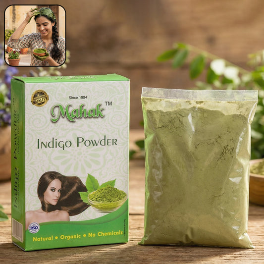 Wukusy natural indigo powder for traditional hair care, 80g, showing a vibrant blue-green powder in a clear container.