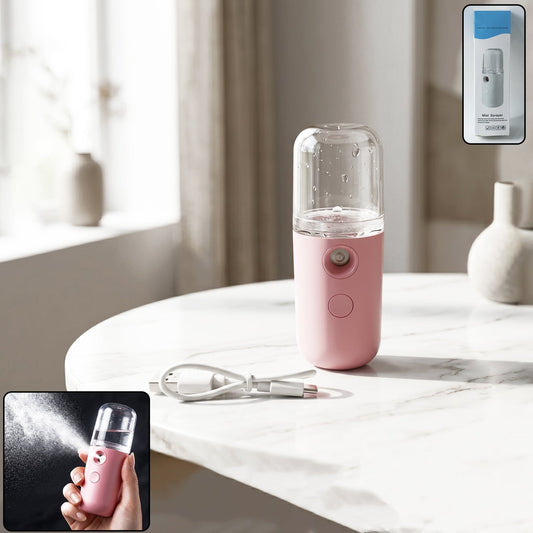 Wukusy mini nano mist sprayer USB rechargeable portable face steamer humidifier showing compact device with spray nozzle and power button