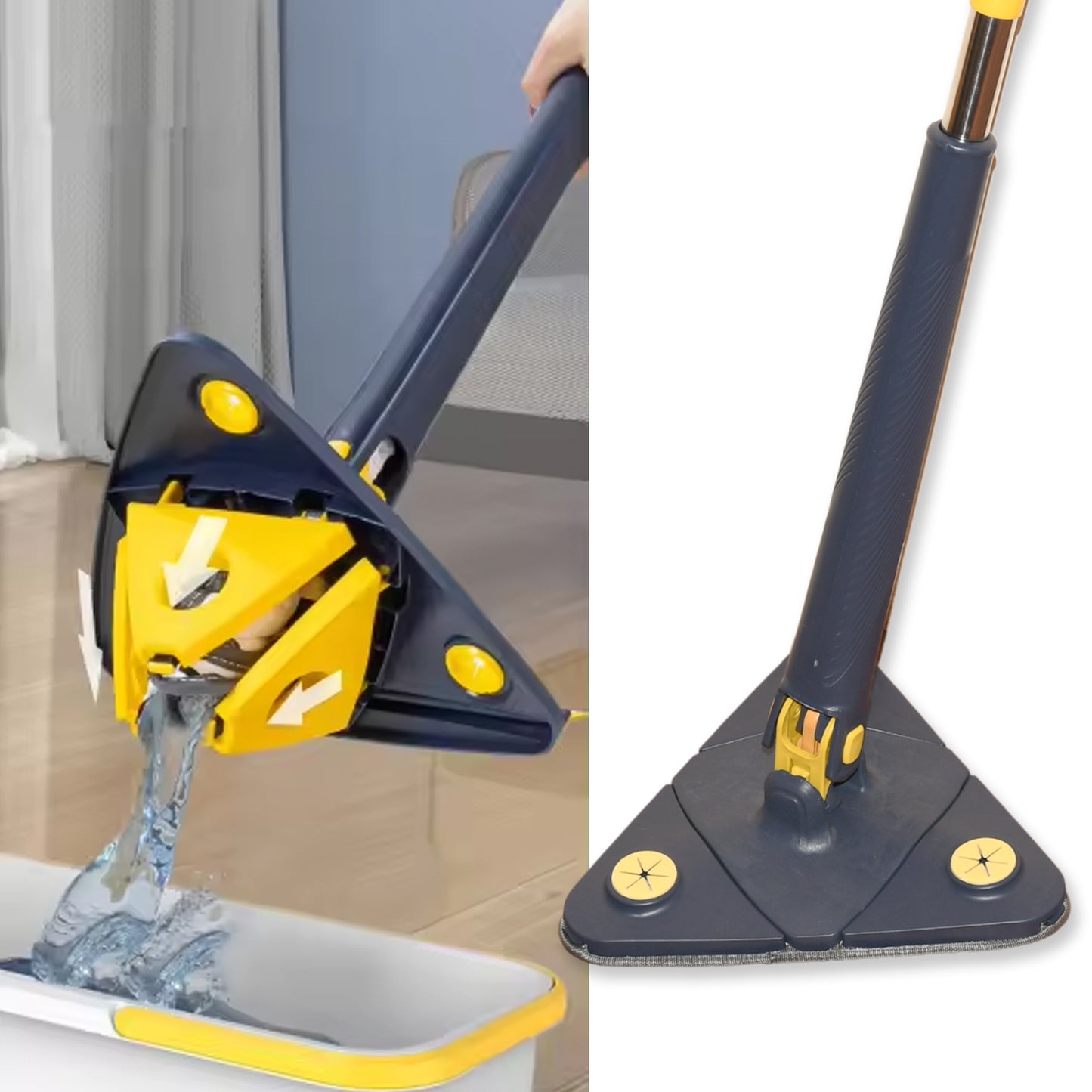 Wukusy rotatable adjustable triangle cleaning mop with stainless steel handle, suitable for wet and dry floor and window cleaning.