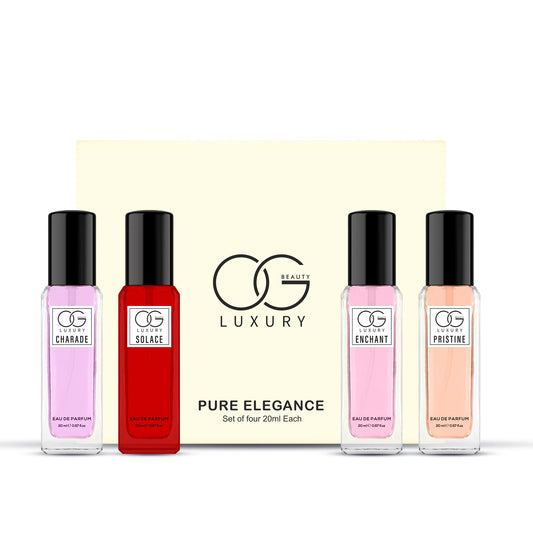 Wukusy OG Beauty Luxury Pure Elegance Eau De Parfum gift set with four 20ml bottles, showcasing elegant perfume packaging.