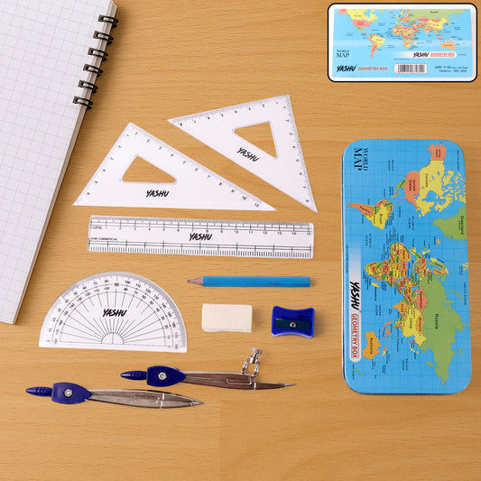 Wukusy Yashu Complete Geometry Box Set with compass, featuring rulers, protractor, and drawing tools for mathematics and geometry.