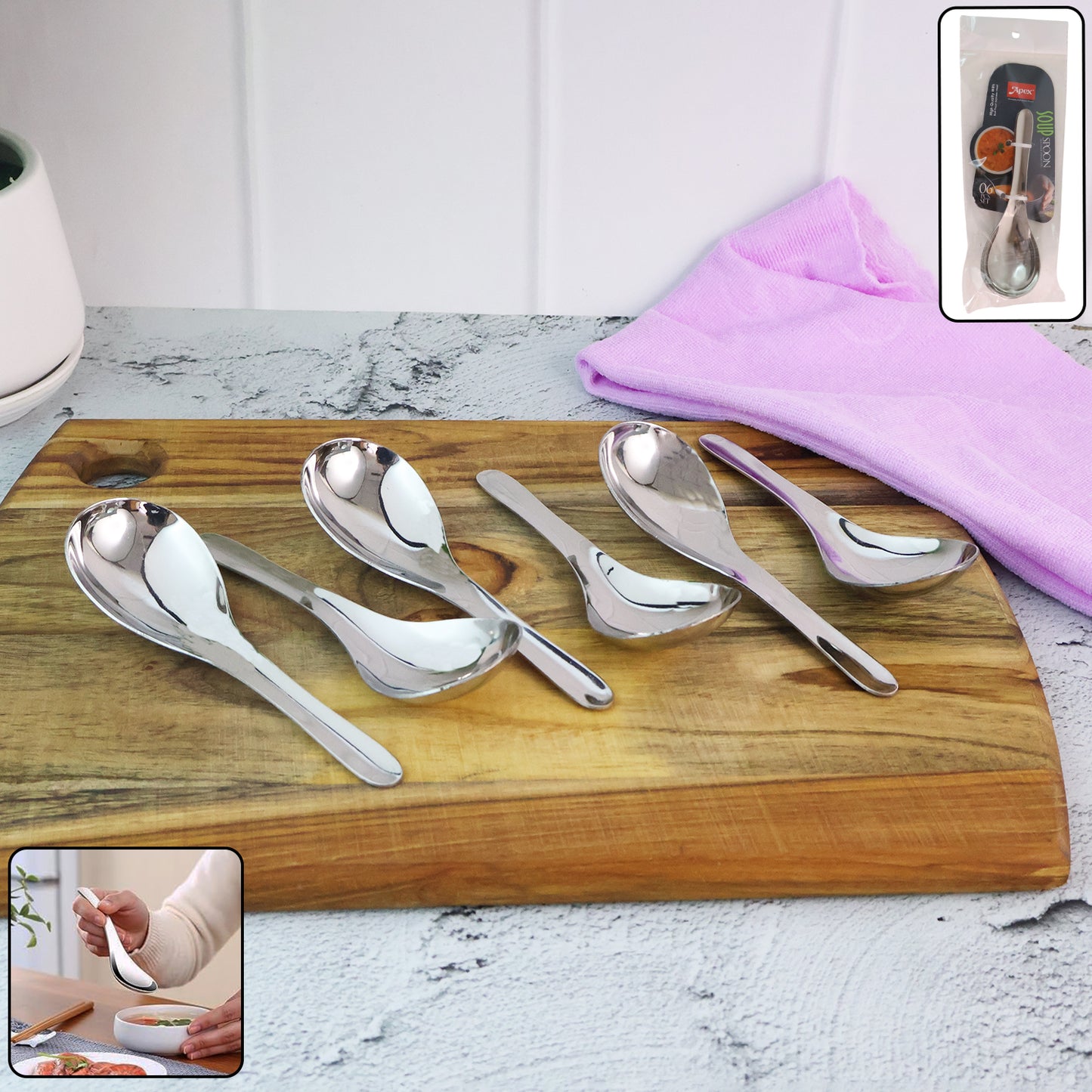 Six Wukusy Apex Premium Stainless Steel Soup Spoons arranged on a white background, showcasing their polished finish and ergonomic design.