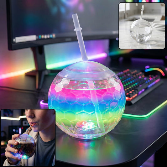 Wukusy LED glow drink cup with straw, illuminated and transparent, showing a colorful glowing beverage inside.