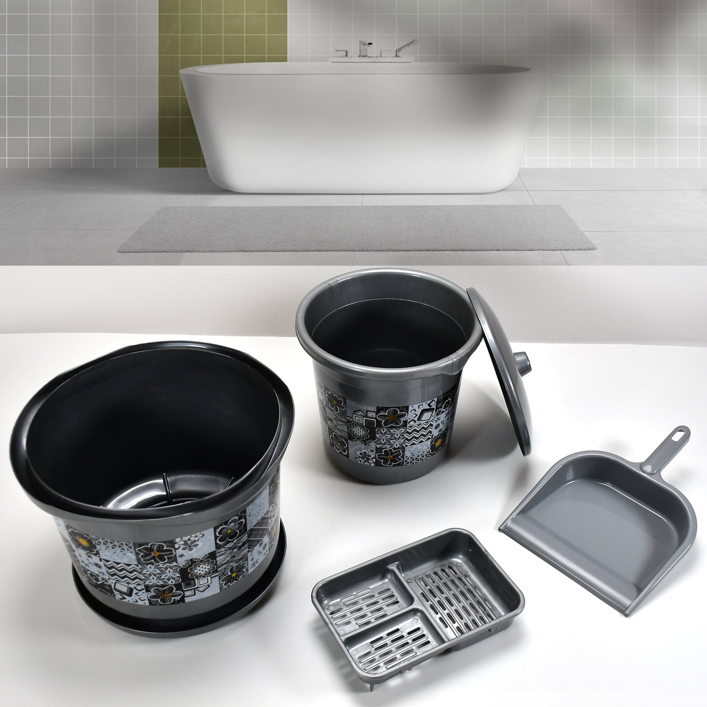 Wukusy 7-piece plastic bathroom set includes large tub, bucket, dustbin, mug, soap case, dustpan, and stool for home improvement.