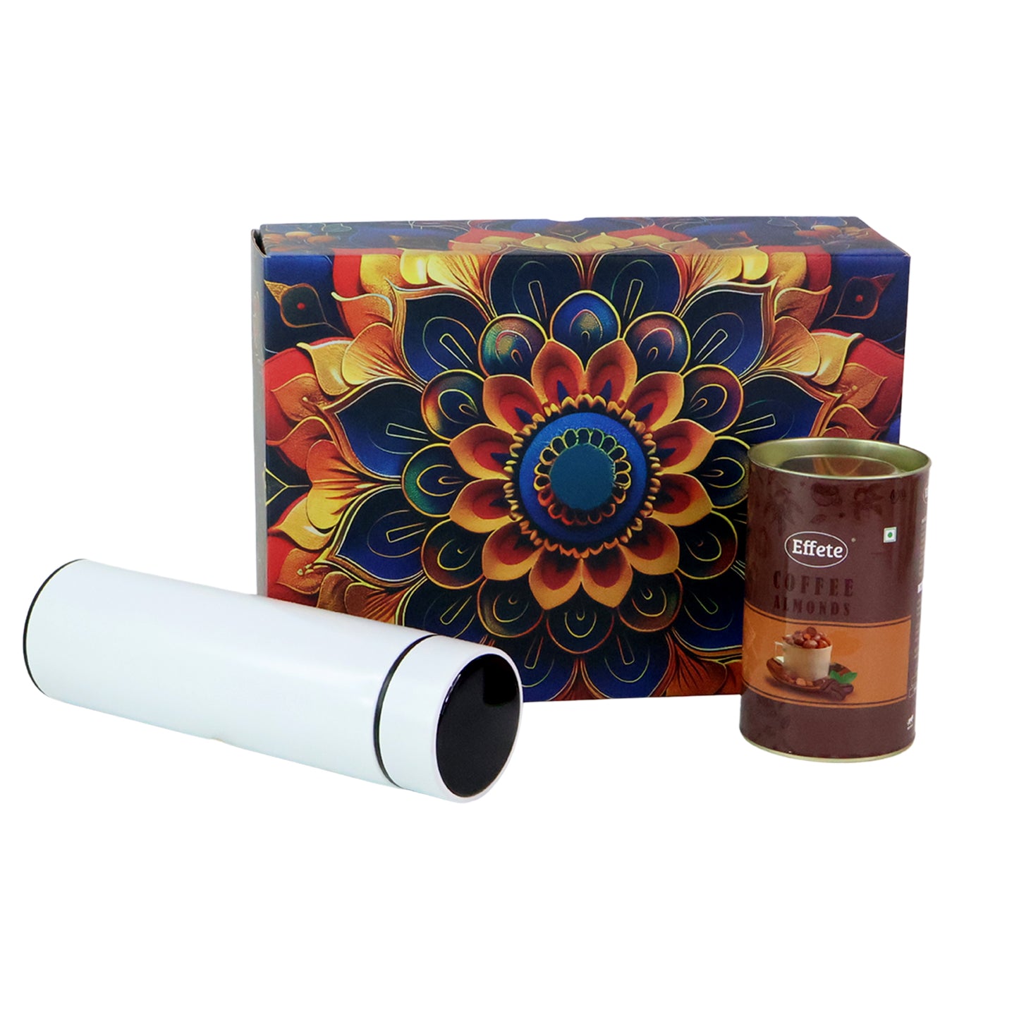 Wukusy Effete Coffee Almonds gift hamper with golden box and bottle, featuring two elegant home and kitchen gift set items.