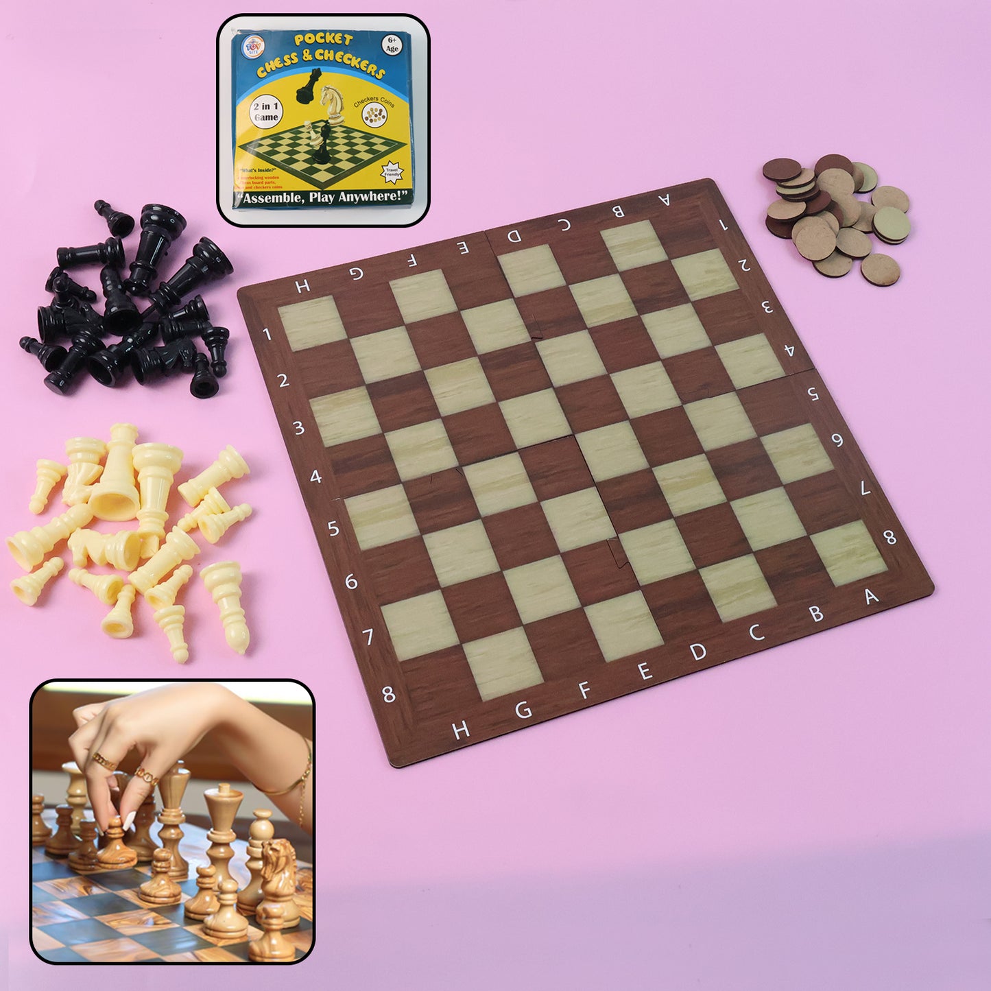 Wukusy 2-in-1 travel game set featuring chess and checkers on compact board, ideal for portable family fun and strategic play.