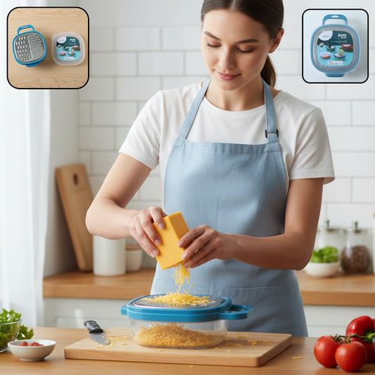 Wukusy Konvex Duo Grater with container and lid, stainless steel surface for grating cheese, vegetables, and spices.