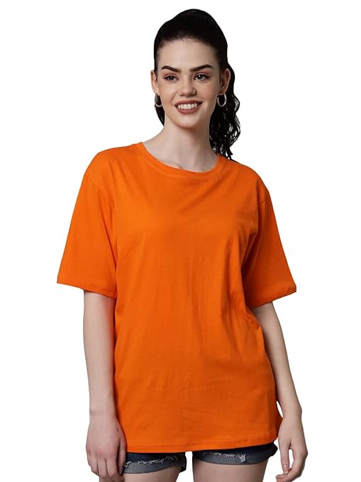 Orange casual oversized round neck T-shirt by FIZZI SHOP, soft fabric and relaxed fit, displayed on a hanger.
