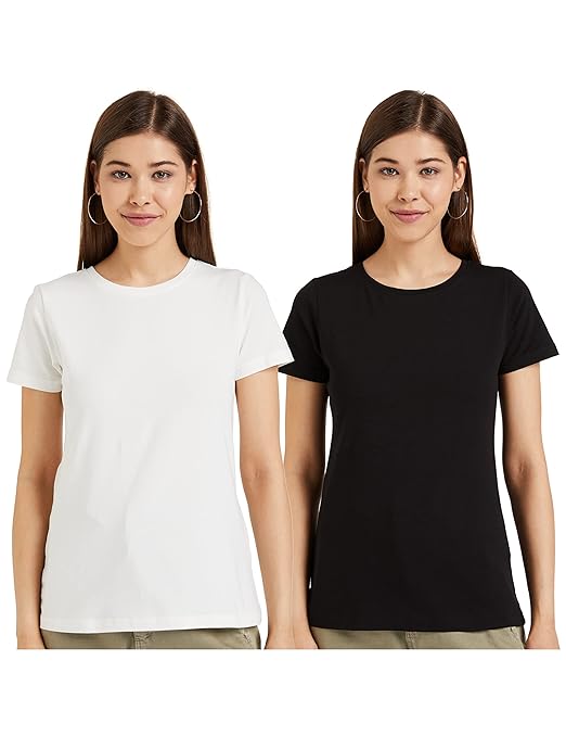 Pack of two women's cotton T-shirts with a regular fit from FIZZI SHOP, shown in casual style on a plain background.