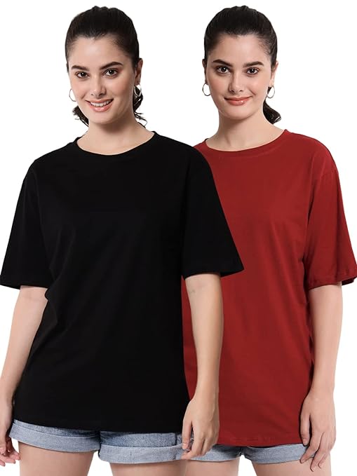 Two oversized women's cotton half-sleeve T-shirts in neutral colors from FIZZI SHOP, displayed flat on a white background.