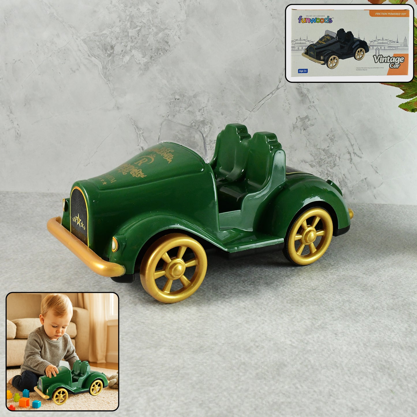 Wukusy Funwoods vintage friction-powered toy car featuring a classic wooden design and retro style for children.