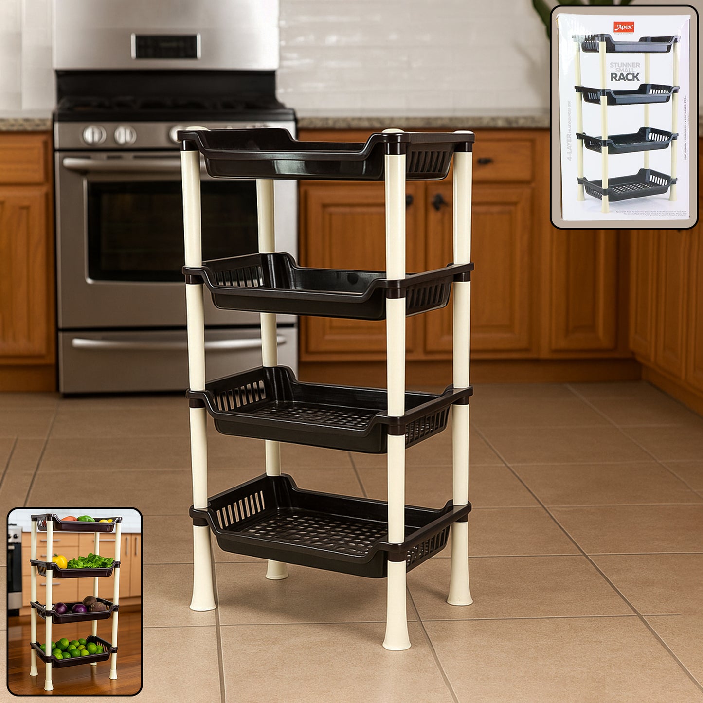 Wukusy Apex 4-layer small plastic storage rack for home and kitchen organization, with multiple compartments and durable design.