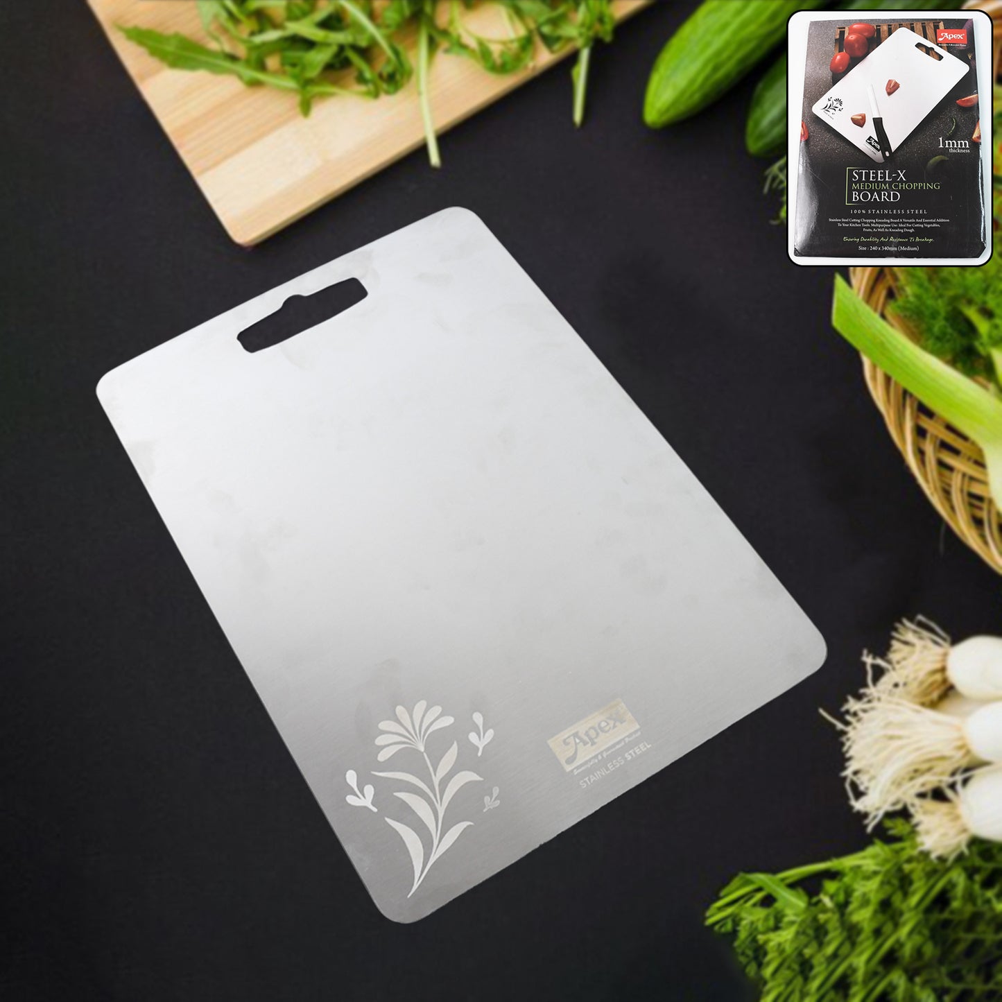 Wukusy Apex Steel-x stainless steel medium chopping board for kitchen prep, featuring a sleek surface and durable construction.