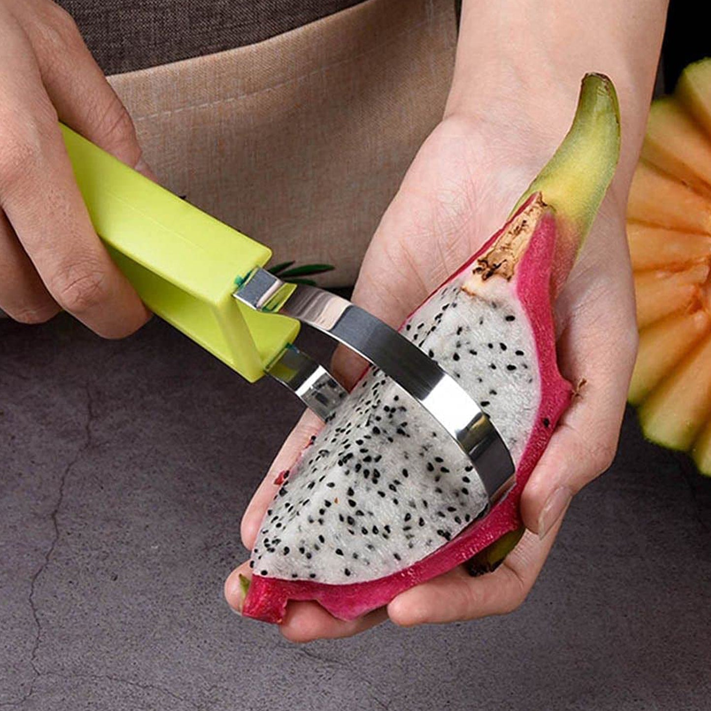 Wukusy 4-in-1 stainless steel melon baller and seed remover tool with double-sided scooper for fruit and dessert preparation