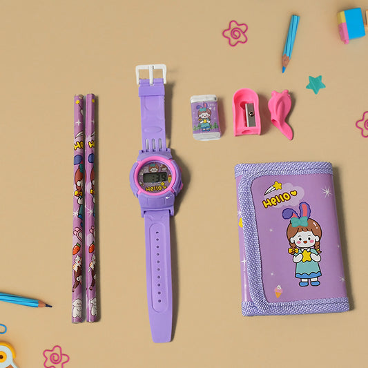 Wukusy 7-piece kids stationery set including pencils, eraser, sharpener, pouch, and pencil extender for school and gift use.