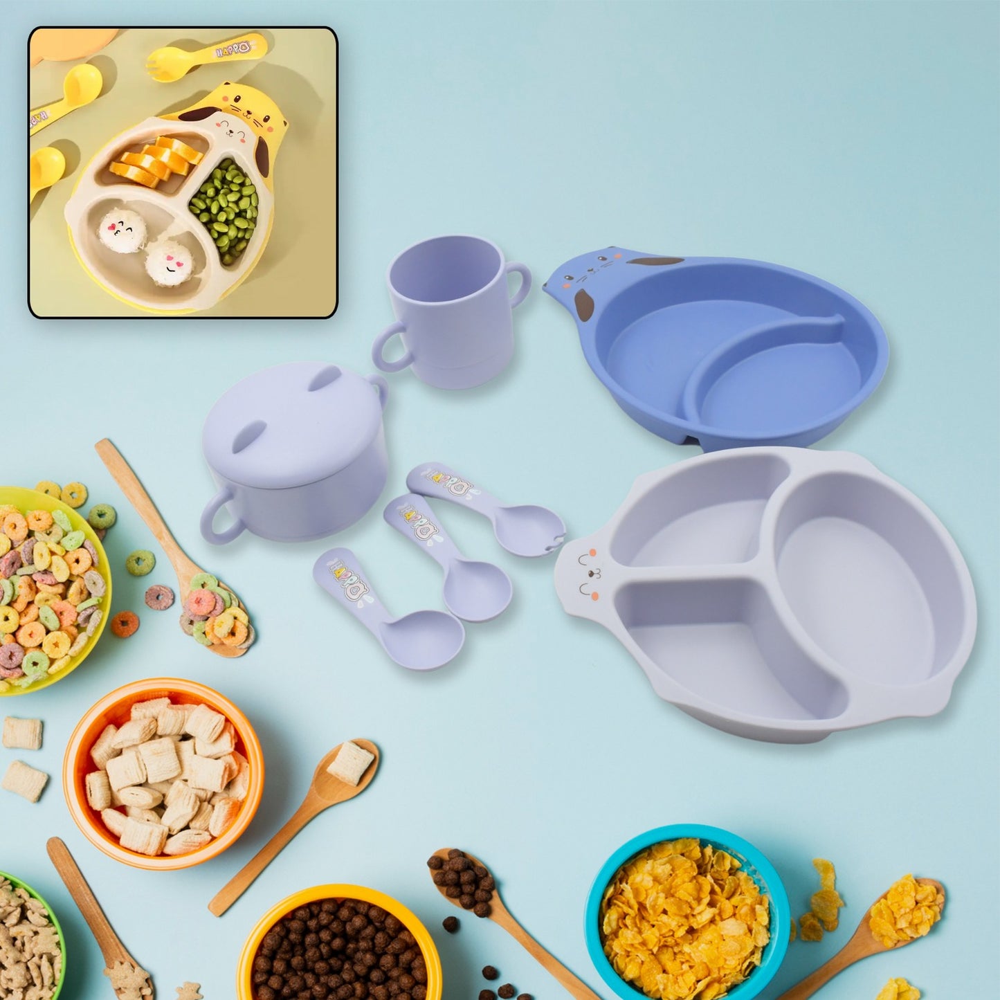 Wukusy bamboo fiber baby feeding set with cartoon design plates, cup, spoon, fork, chopsticks for kids, dishwasher safe.
