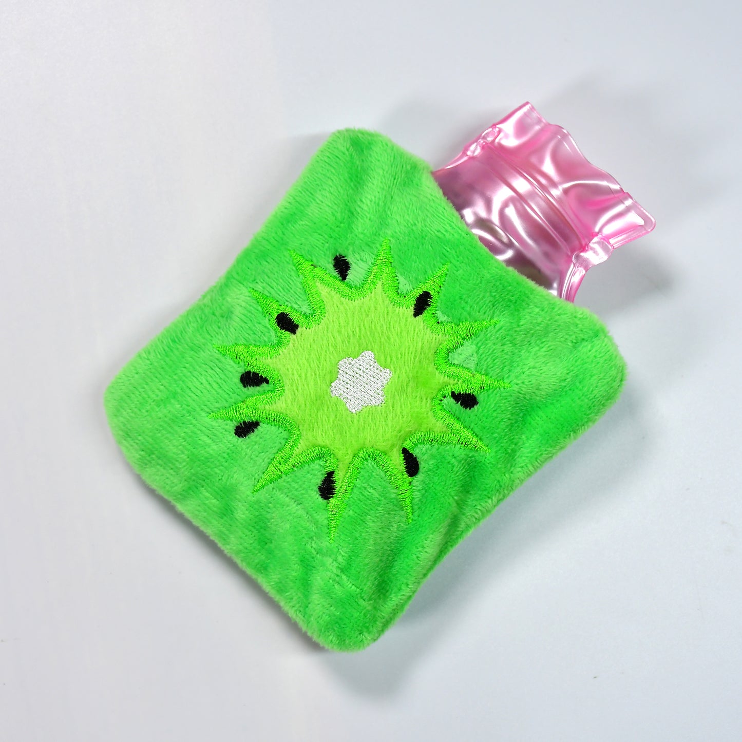 Green Sun small hot water bag with cover by Wukusy, used for pain relief, neck, shoulder, hand, foot warmth, and menstrual cramps.