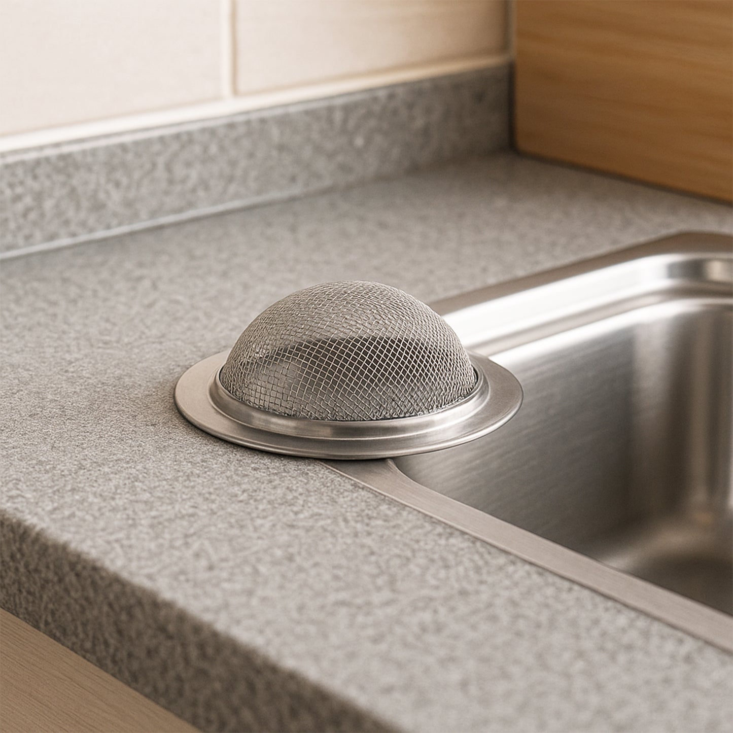Wukusy Supermom stainless steel sink strainer in a kitchen sink, designed to trap debris and prevent clogs.