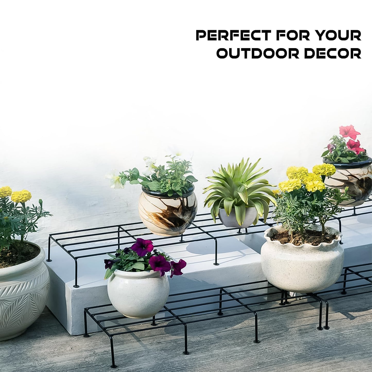 Wukusy metal rectangle flower plant stand set with two garden stands, ideal for balcony decoration, made of durable metal.