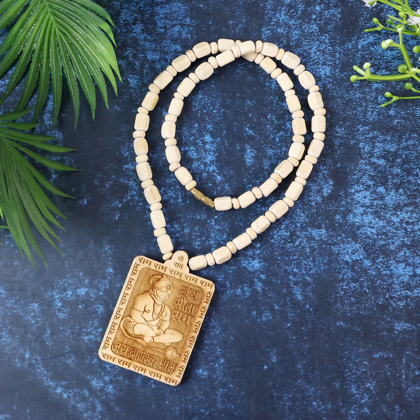 Premium wooden Hanuman pendant mala from Wukusy featuring a detailed Hanuman figure on a string of wooden beads.